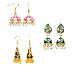 Vesara Set Of 3 Pearls Beaded Dome Shaped Meenakari Jhumkas image 5