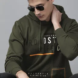 The Roadster Lifestyle Co Men Olive Green Brand Logo Printed Hooded Sweatshirt-image-2