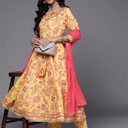KSUT Women Yellow Floral Pure Cotton Printed Mirror Work Kurta with Trousers & Dupatta image 1