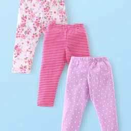Babyhug Cotton Lycra Knit Full Length Leggings Floral Print Pack of 3 - Pink & White-image-37