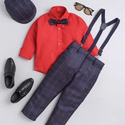 Jeet Ethnics Full Sleeves Solid Suspender Shirt With Graph Checked Pant Set - Red & Navy Blue image 1