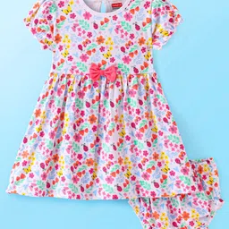 Babyhug Cotton Knit Half Sleeves Floral Printed & Bow Applique Frock Floral with Bloomer - White-picture-13