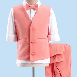 Babyhug Party Wear Knitted Solid Colour Waistcoat Set With Full Sleeves Shirt- Peach-image-0
