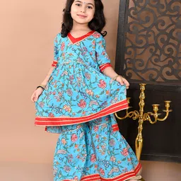 Superminis Cotton Half Sleeves Lace Embellished Floral Printed Kurta With Coordinating Sharara Set - Blue-picture-21