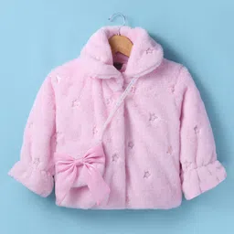 Little Kangaroos Full Sleeves Solid Color Sequinned Fur Winter Jacket with Sling Bag - Off Pink-image-61