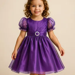Babyhug Woven Half Puffed Sleeves Pleated Solid Color Dress with Mock Belt Design - Purple-picture-19