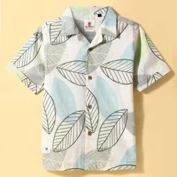 Ruff Linen Woven Half Sleeves Shirts With Leave Print - White & Blue-picture-10