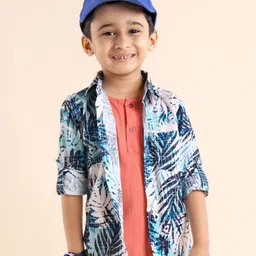 Rikidoos Full Sleeves Leaves Printed Shirt With Attached Tee - White & Blue-picture-16