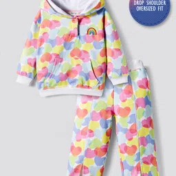 Bonfino 100% Cotton Knit French Terry Full Sleeves Oversized Hooded Sweatshirt & Wide Legged Leggings Set with Heart Print - White Pink & Lavender-picture-15