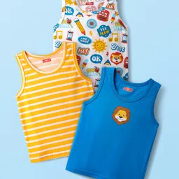 Babyhug 100% Cotton Single Jersey Knit Sleeveless Vest with Animal Print & Stripe Design Pack of 3 - Yellow Blue & White-image-93