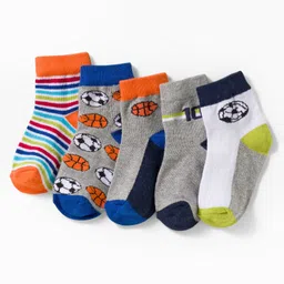 Cute Walk by Babyhug Knit Ankle Length Anti Bacterial Socks with Stripes & Football Design Pack of 5- Grey & White-picture-18