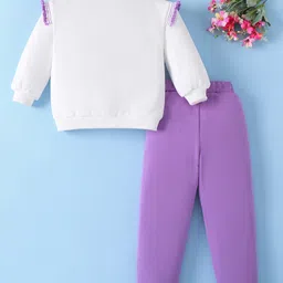 Mark & Mia Cotton Full Sleeves Winter Wear T-Shirt & Joggers Set with Bow Print - White & Purple image 2