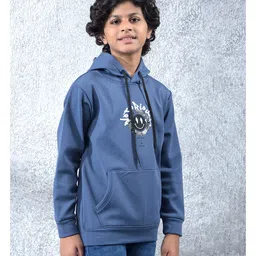 CRIMSOUNE CLUB Woven Full Sleeves Smiley Printed Light Winter Hooded Sweatshirt - Blue image 5