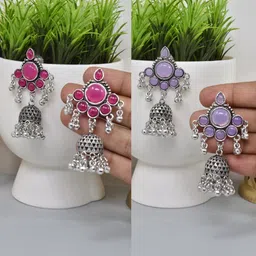 MEIRA JEWELLERY Set Of 2 German Silver-Plated Stones Studded Oxidised Dome Shaped Jhumkas-image-83