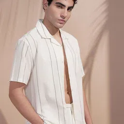 HIGHLANDER Relaxed Fit Striped Cuban Collar Cotton Casual Shirt image 4
