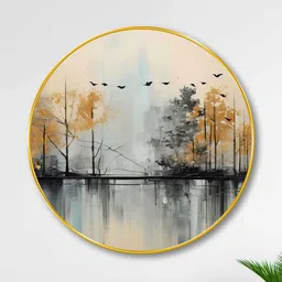 Livin'luxe Grey & Brown Nature Printed Wall Hallway Round Painting Wall Art 23" x 23"-picture-21