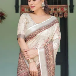 ALMAARI FASHION Floral Pure Linen Banarasi Saree image 4