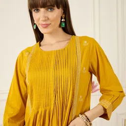 Indo Era Embroidered Round Neck Thread Work Pure Cotton Kurta With Trousers-picture-22