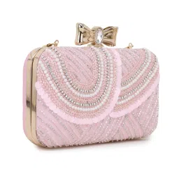 Anekaant Adorn Baby Pink & White Embellished Faux Silk Clutch image 2