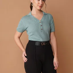 Chemistry Women Ribbed Cotton Shirt Collar Regular Top-image-88
