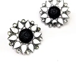 Yash Jewels Emporiums Silver-Plated Artificial Stones Studded Floral Shaped Oxidized Studs-picture-11