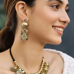 VIVAZS Gold-Plated Cubic Zirconia Stone Studded & Beaded Oxidised Jewellery Set-image-27