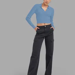 Maheshvi Women Ribbed Shirt Collar Fitted Crop Top-picture-22