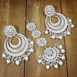 Peora Silver-Plated Artificial Stones Studded & Beaded Jewellery Set With Maangtikka-image-54
