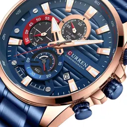 Curren Men Brass Patterned Dial & Stainless Steel Bracelet Style Straps Analogue Watch CR-8415-Blue RG image 5