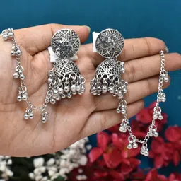 MEIRA JEWELLERY Silver-Plated Artificial Studded & Beaded Oxidised Dome Shaped Jhumkas-picture-10