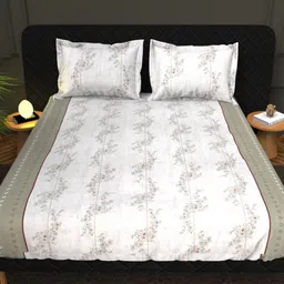 THE WHITE MOSS White & Green Floral Cotton 210 TC King Bedsheet Set 2.75 m x 2.75 m-picture-3