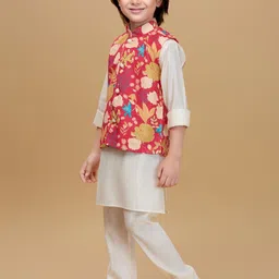 Ministitch Boys Floral Printed Mandarin Collar Kurta With Pyjamas & Nehru Jcket image 4