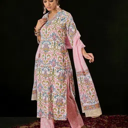 Anouk White Floral Printed Thread Work Pure Cotton Straight Kurta With Trousers & Dupatta image 2