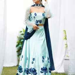 Thread & Button Printed Off-Shoulder Satin Ready to Wear Lehenga With Blouse & Dupatta image 5