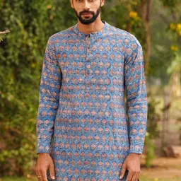 JAYPORE Floral Printed Band Collar Pure Cotton Straight Kurta-picture-49