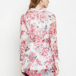 MJ LIFE STYLE Women Floral Print Regular Fit Band Collar Tie-Waist Tunic Top image 4