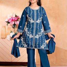 BAESD Girls Floral Embroidered Regular Pure Silk Kurti with Trousers & With Dupatta-picture-13