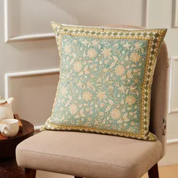 Fabindia Ambara Green & Cream Colored Floral Printed Cotton Square Cushion Cover-image-62