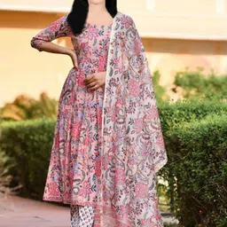 Vetrokart Girls Floral Printed Raw Silk Anarkali Kurta With Trousers And Dupatta-picture-56
