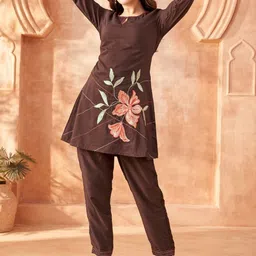 KALINI Women Brown Cotton Blend Embroidered Co-Ord Set-image-13