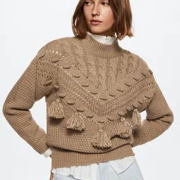 MANGO Women Brown Open Knit Pom-Pom Pullover-image-0