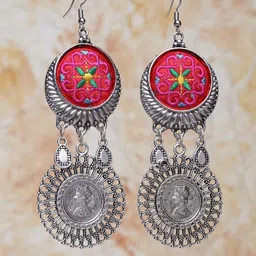 Moedbuille Silver-Toned & Pink Circular Drop Earrings image 1