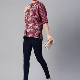 Nayam By Lakshita Print Mandarin Collar Batwing Sleeves Boxy Longline Top image 4