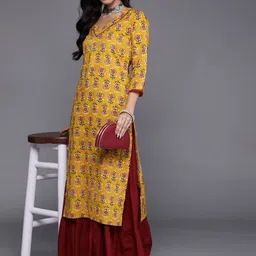 Varanga Women Mustard Yellow & Red Floral Embellished Kurta image 3