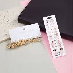 TheVineGirl Set Of 17 Gold-Plated Artificial Stones Studded Circular Shaped Hoop Earrings-image-22