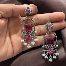 Anouk Silver Plated Artificial Bedaded Geometric Drop Earrings-picture-38