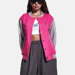 IZF Pink Color-Block Varsity Jacket-image-28
