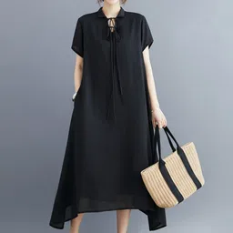 HERE&NOW Women Shirt Collar Cotton A-Line Midi Dress-picture-22