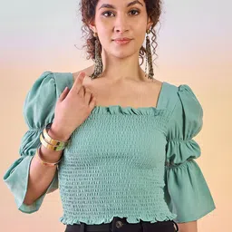 Sangria Puff Sleeve Smocked Bardot Crop Top image 2