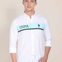 U.S. Polo Assn. Brand Logo Printed Mandarin Collar Dobby Slim Fit Cotton Shirt image 5